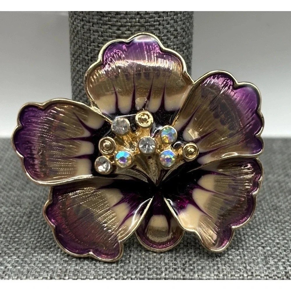 Anne Klein Signed Purple Enamel Pansy Flower Brooch Pin Crystal AB Rhinestone